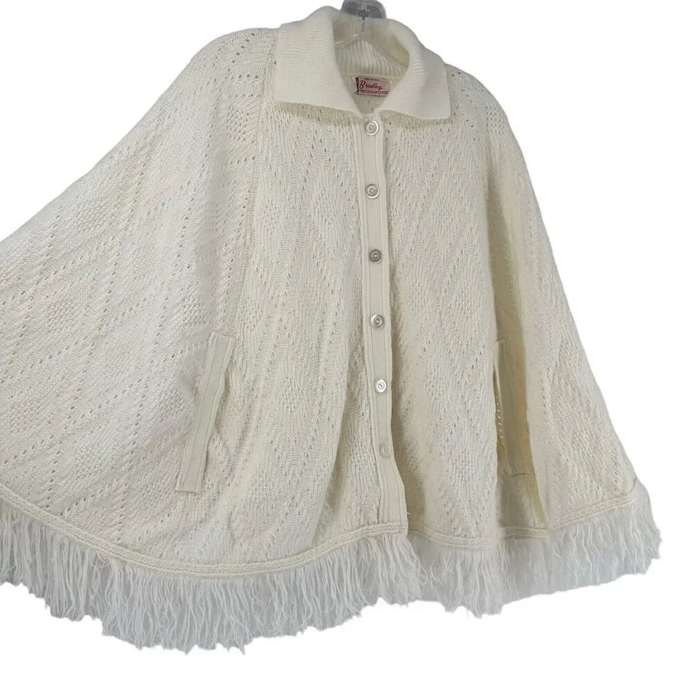 Bradley Vintage Cape Sweater Cream Knit Fringe Womens Bohemian Festival Collared